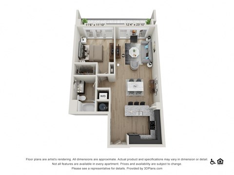 Floor plan for 1 bed, 1 bath, 808 sqft